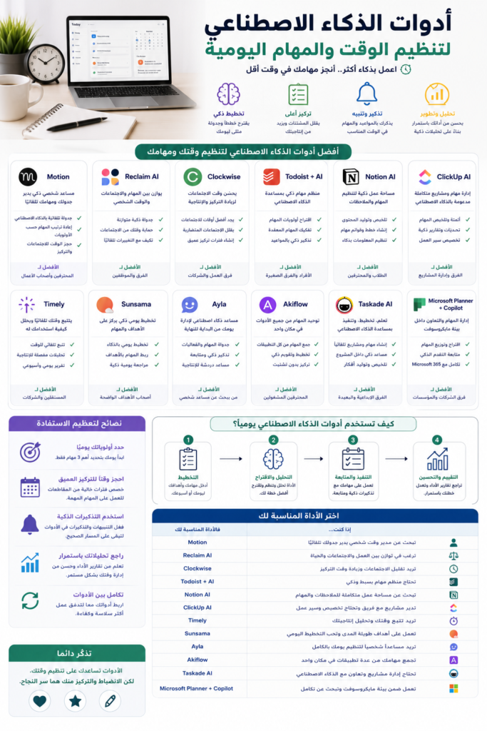 أدوات الذكاء الاصطناعي لتنظيم الوقت والمهام اليومية