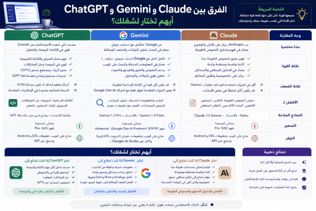 الفرق بين ChatGPT وGemini وClaude - أيهم تختار لشغلك؟