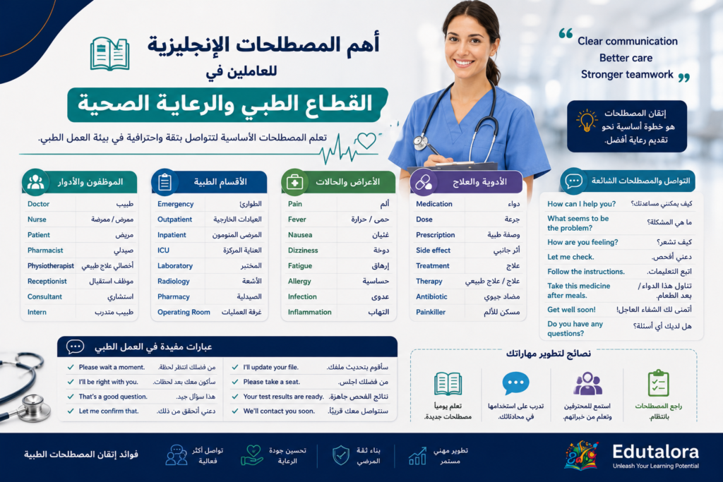 أهم المصطلحات الإنجليزية للعاملين في القطاع الطبي والرعاية الصحية