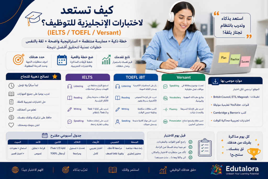 كيف تستعد لاختبارات الإنجليزية للتوظيف؟ (IELTS/TOEFL/Versant)