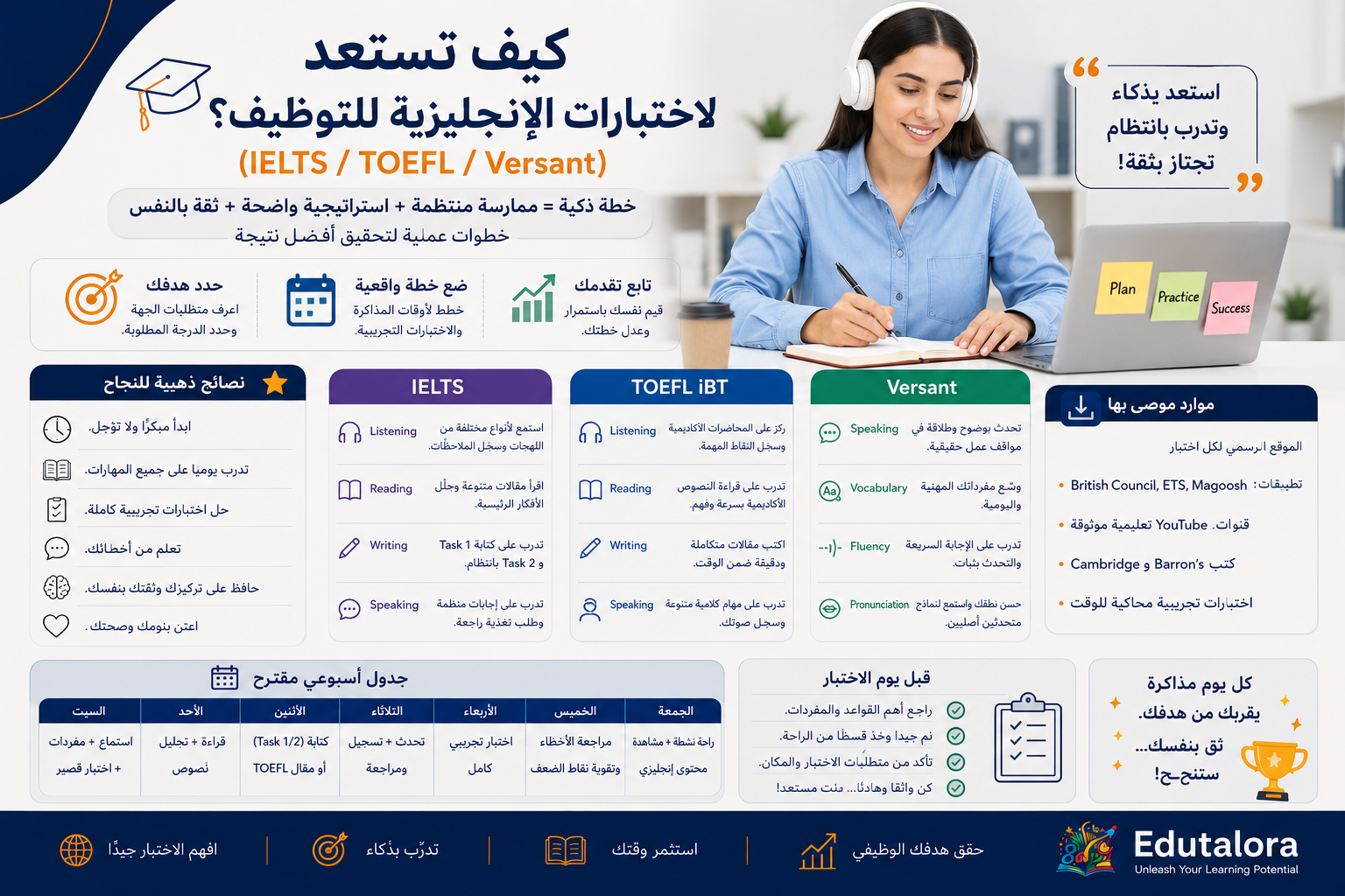 كيف تستعد لاختبارات الإنجليزية للتوظيف؟ (IELTS/TOEFL/Versant)