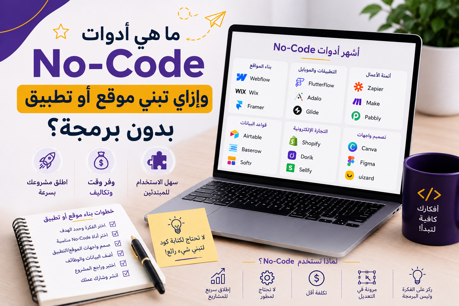 أفضل أدوات No-Code للمبتدئين لبناء مشروعك الخاص